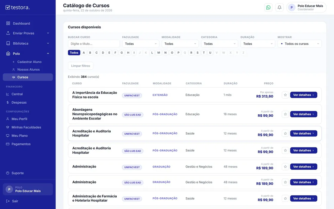 Catálogo de cursos das faculdades