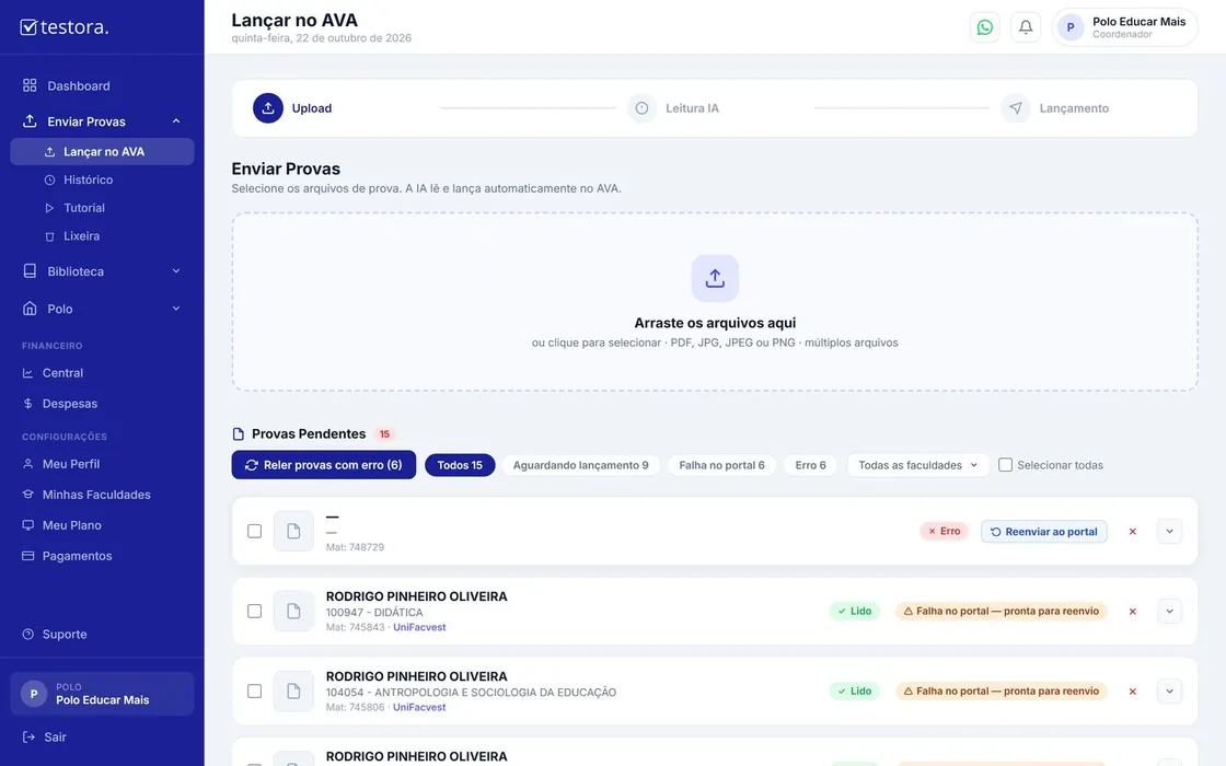 Lançar no AVA: provas lidas pela IA, prontas para o portal