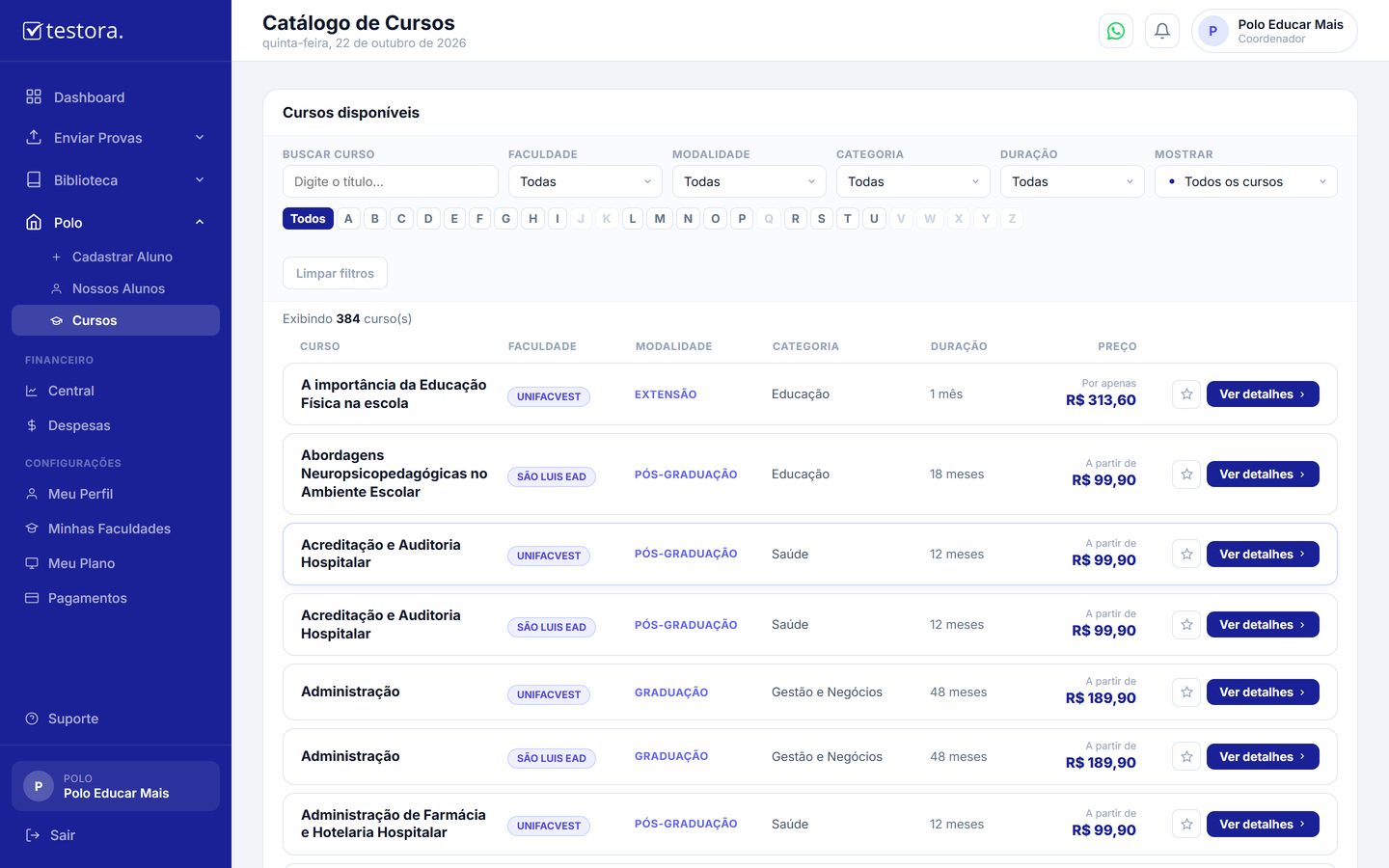 Catálogo de cursos das faculdades