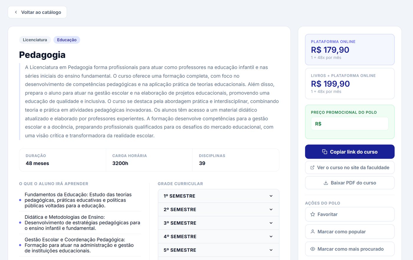 Página de um curso no catálogo do Testora, com preço, grade e o botão de baixar o PDF